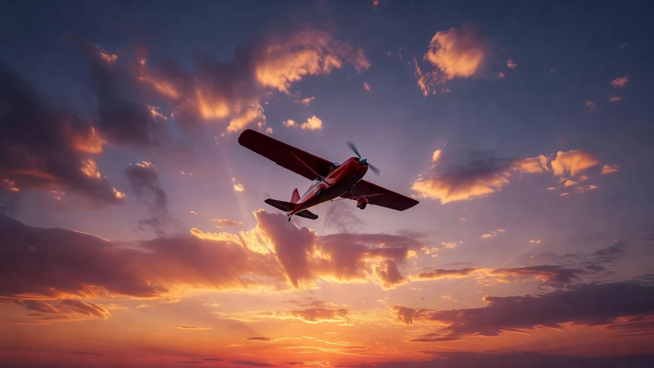 Aviator crash game — small red plane climbing into a twilight sky