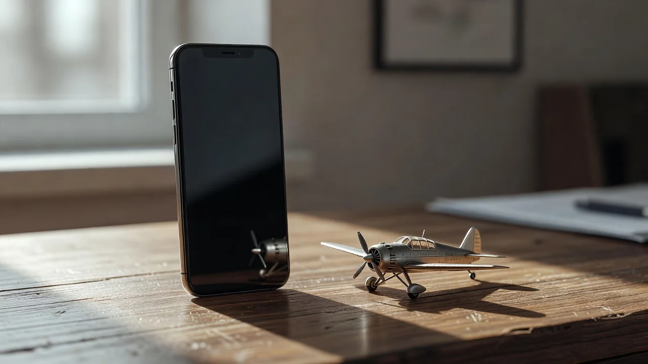 A smartphone standing upright on a desk with a small model airplane beside it