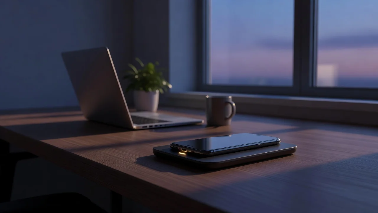 A person-free workspace with a phone charging on a wireless pad near a window at dusk