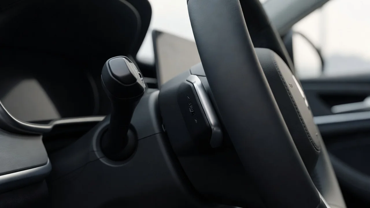 A cruise control lever on a modern car steering wheel, close-up