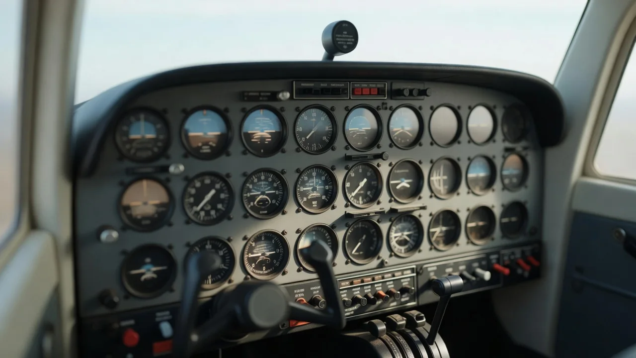 An analog autopilot panel inside a small aircraft cockpit, dials softly blurred