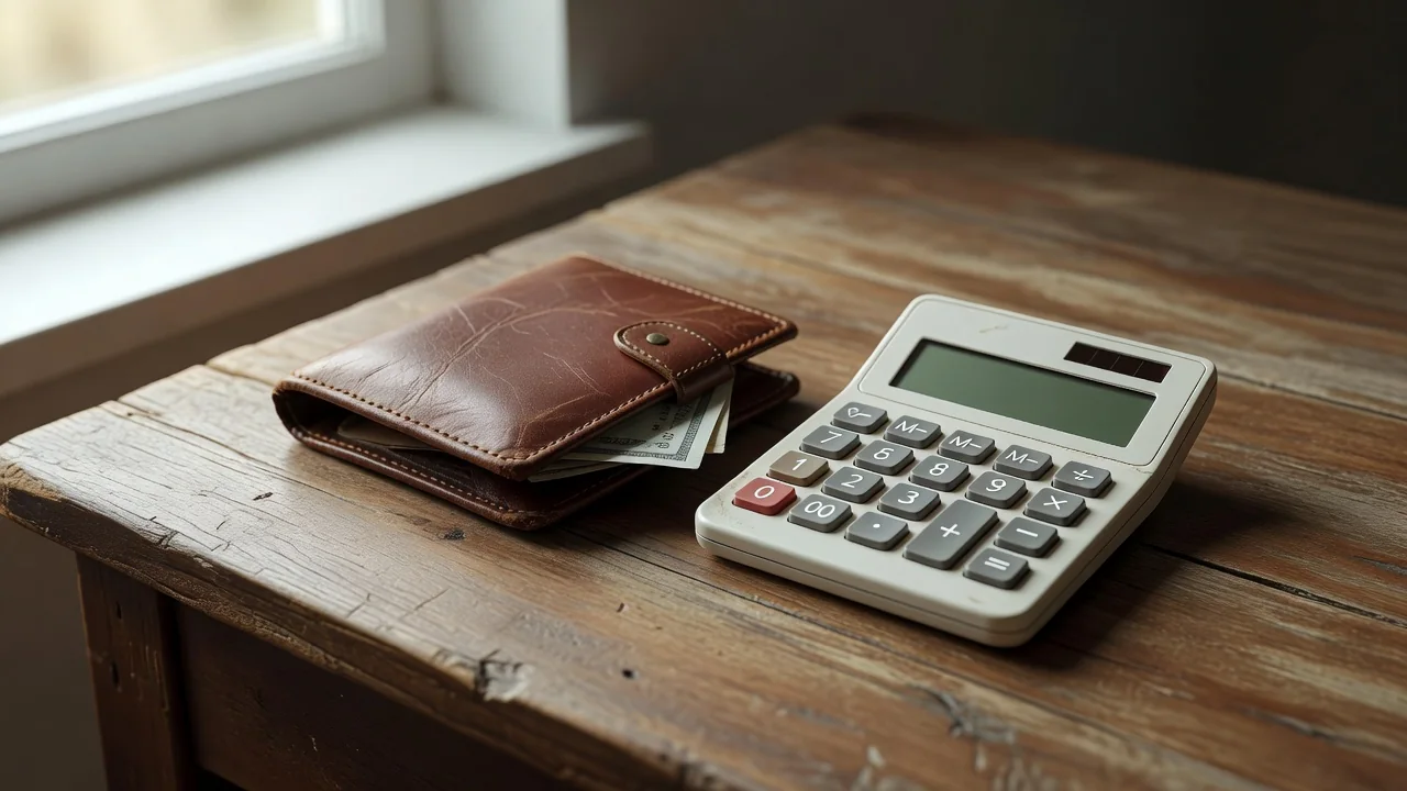 A leather wallet with a few banknotes beside a small calculator on a desk