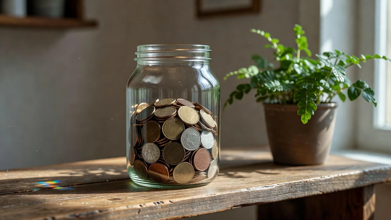 A glass jar half filled with coins on a shelf near a potted plant