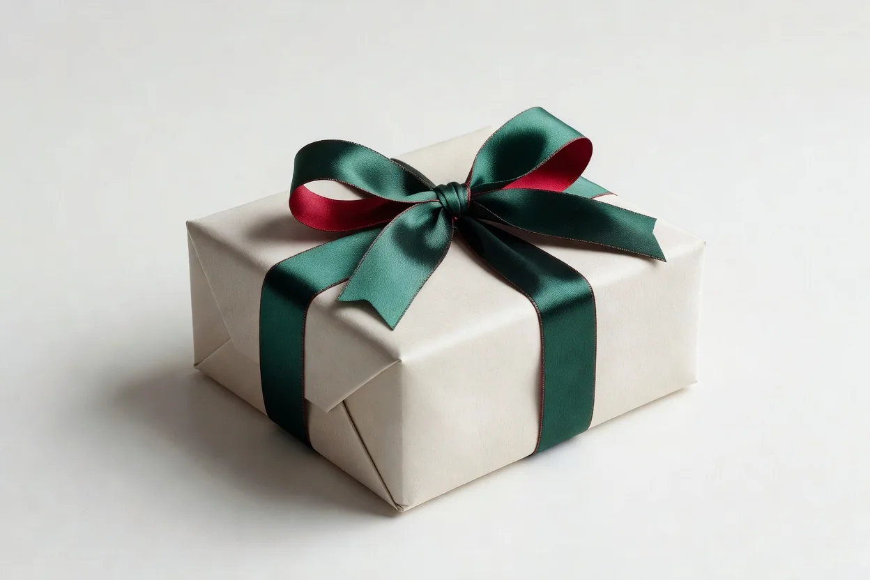 A wrapped gift box with a ribbon on a plain bright background