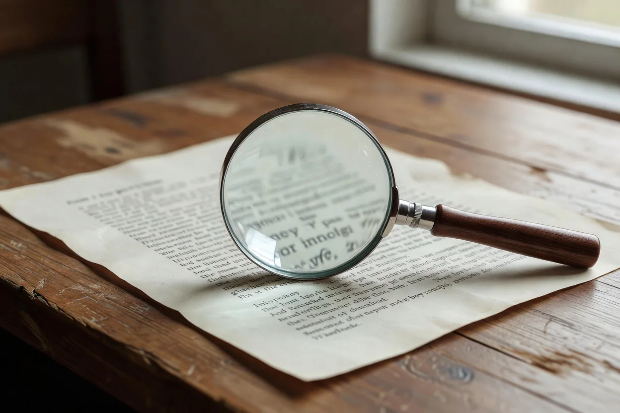 A magnifying glass resting on a printed document on a desk