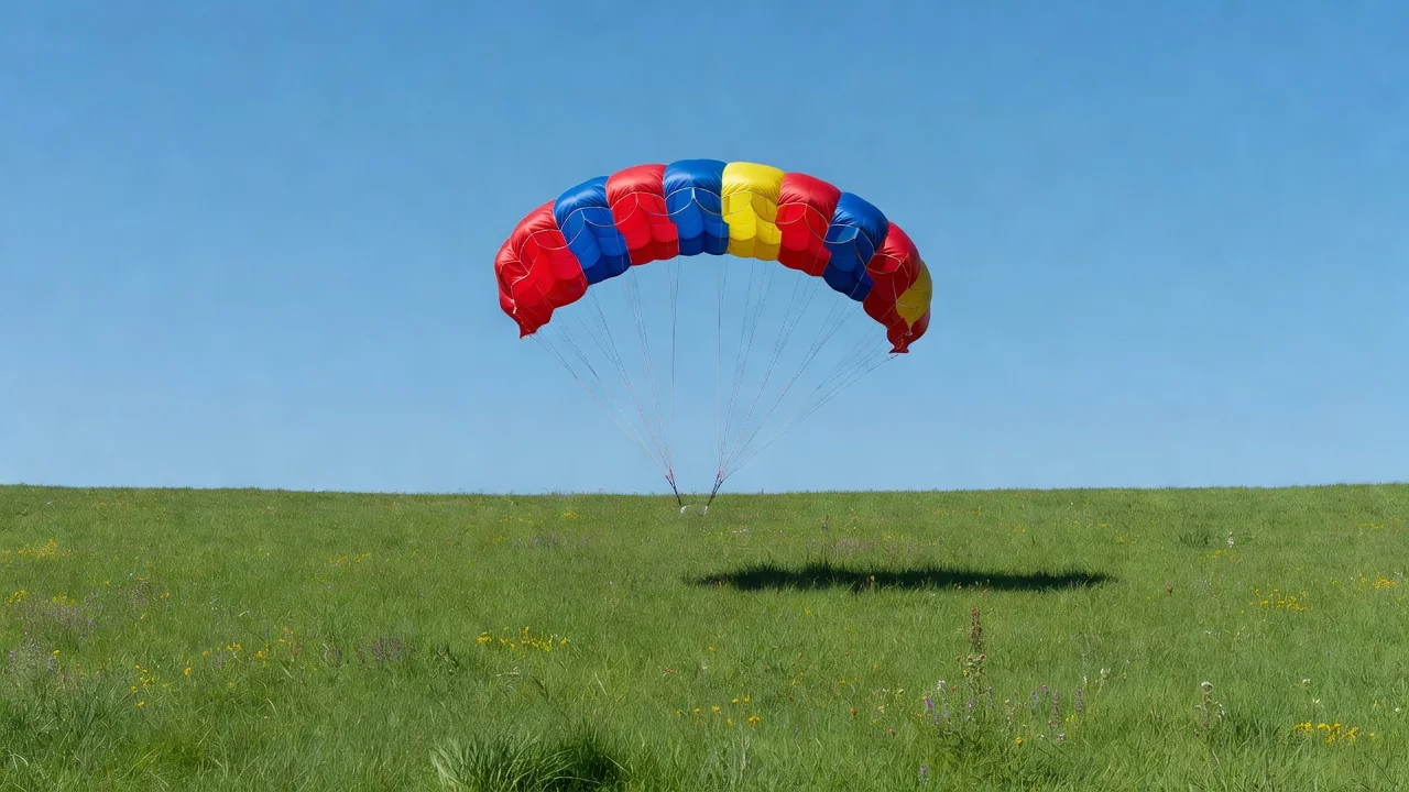 A parachute drifting down toward a green field under a bright sky