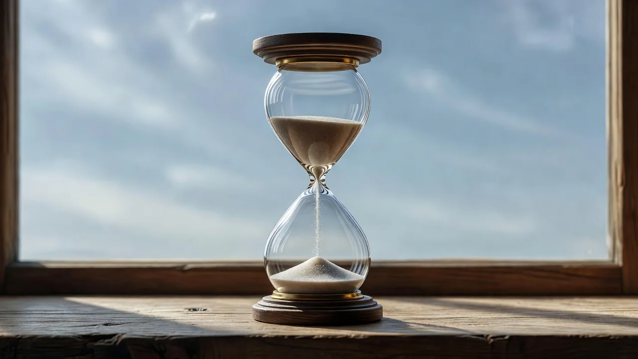An hourglass standing on a windowsill with a soft view of the sky behind
