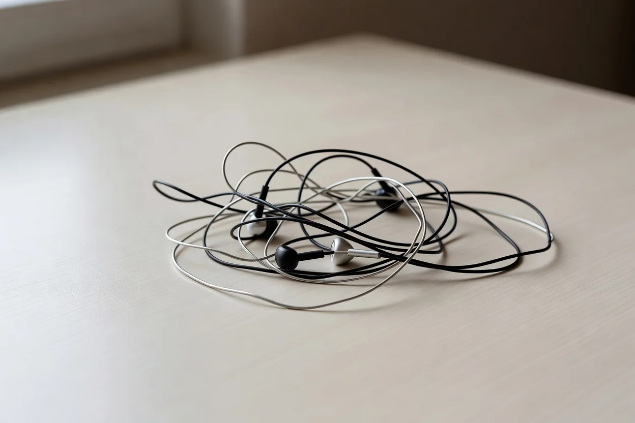 A tangled pair of earphone cables on a plain table surface