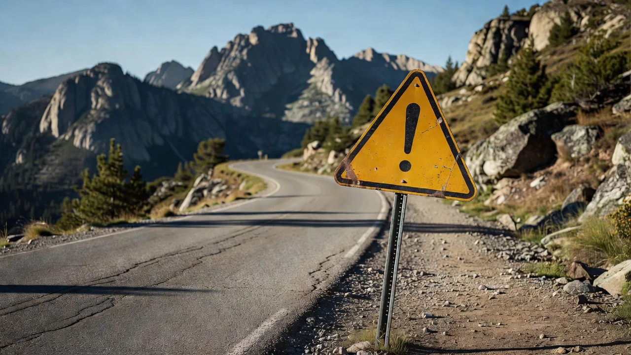 A warning sign with an exclamation mark beside a mountain road