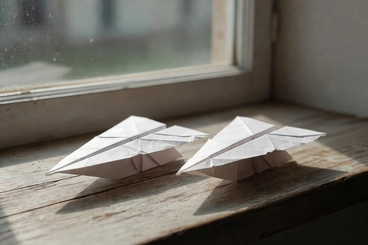 Two paper airplanes side by side on a windowsill, one slightly ahead