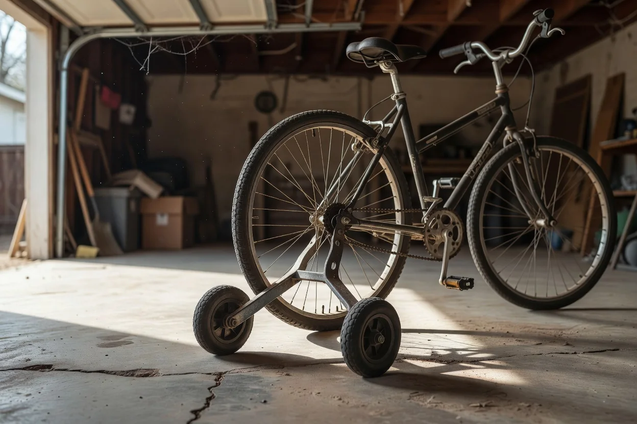 A set of training wheels leaning against a bicycle in a garage