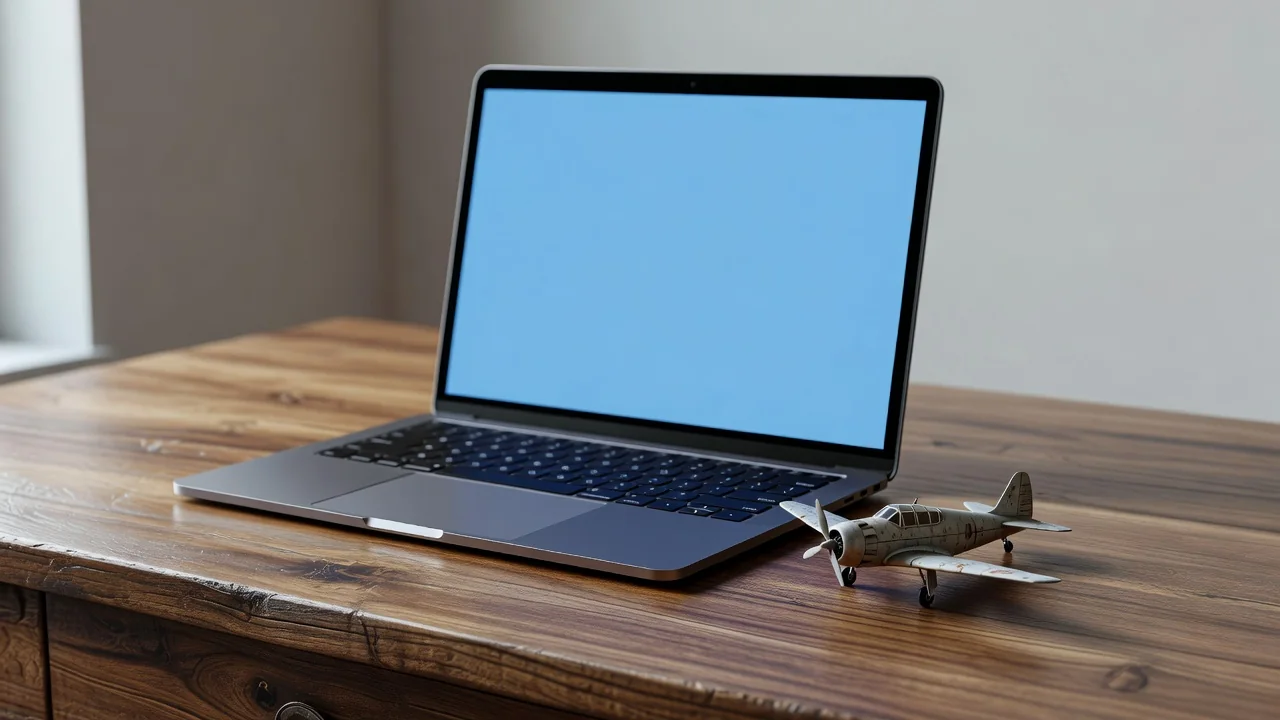 A laptop on a wooden desk showing a plain sky-blue screen, beside a small model airplane