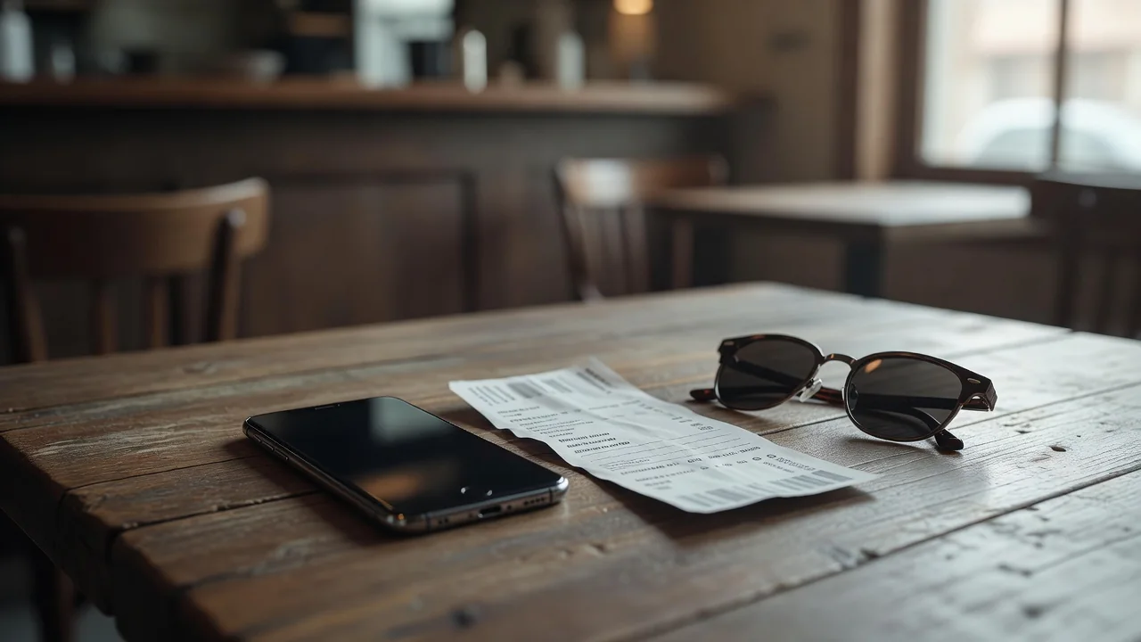 A smartphone lying on a cafe table next to a boarding pass and sunglasses