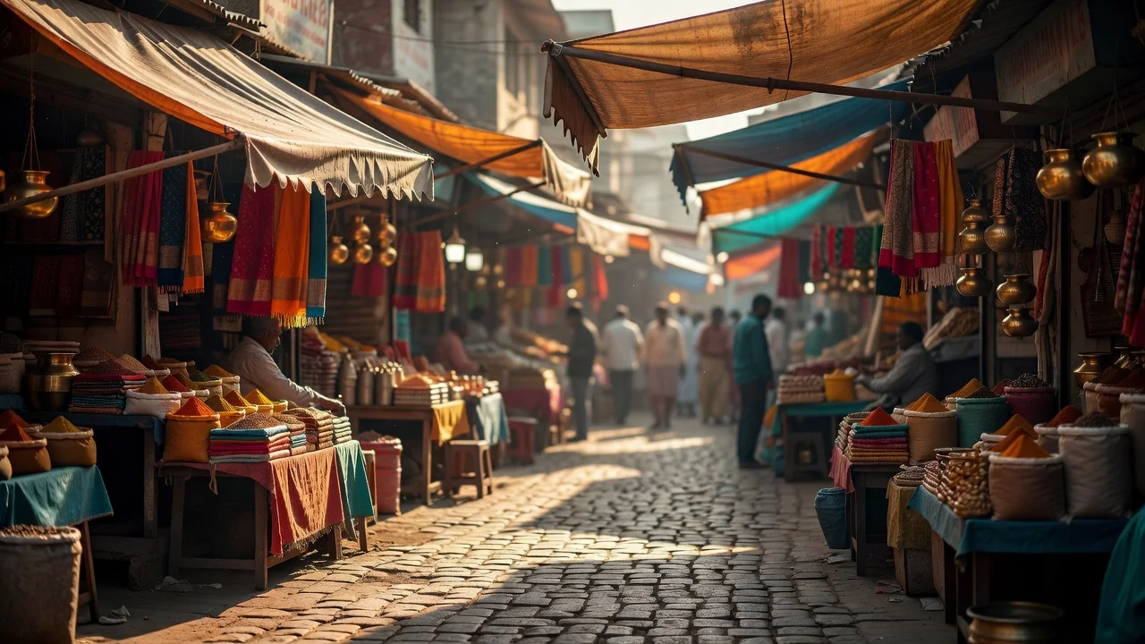 A crowded Indian bazaar street with colourful shop awnings in late afternoon light