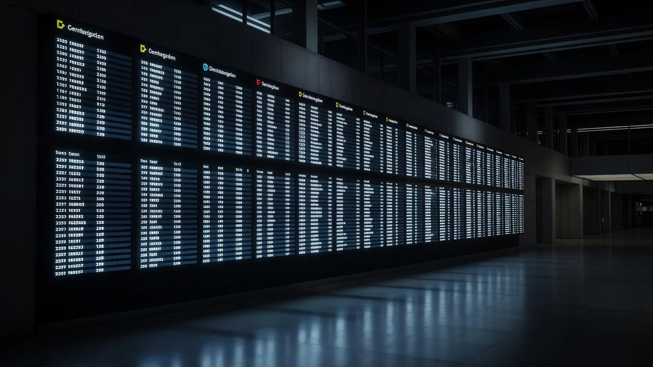 A wall of departure boards at an airport glowing in a dark terminal hall