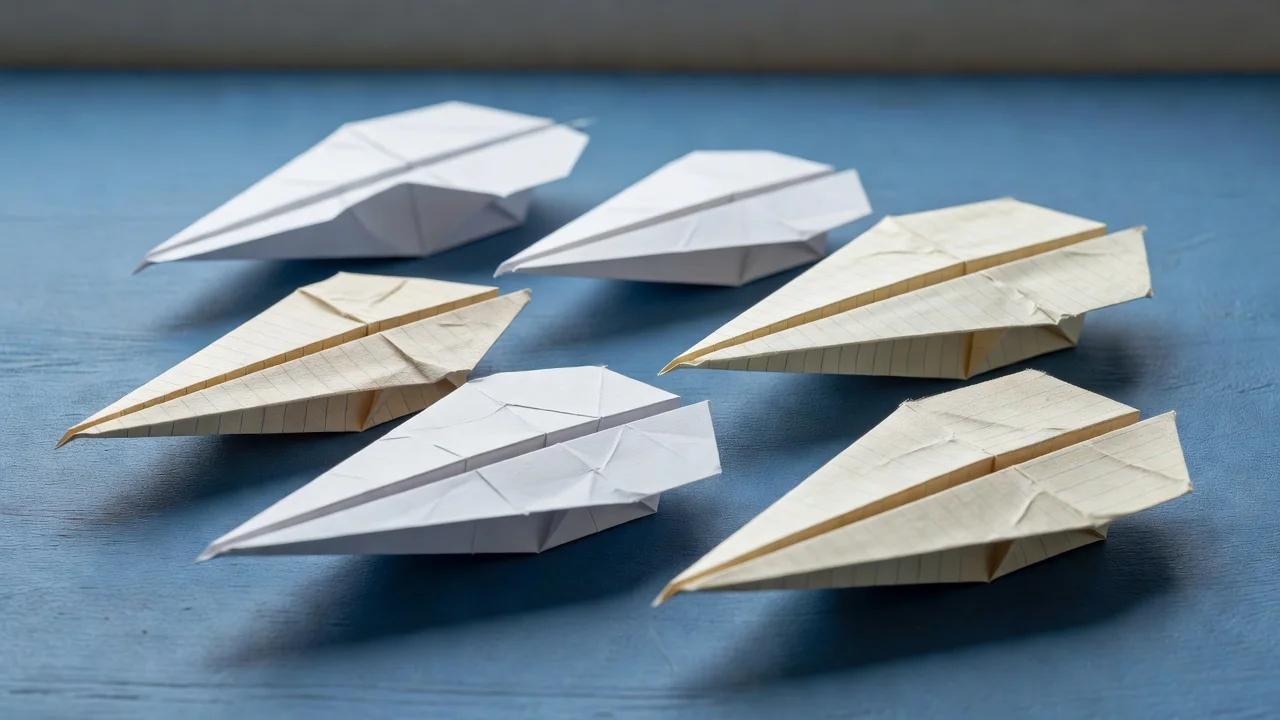 A group of paper planes arranged in loose formation on a blue surface