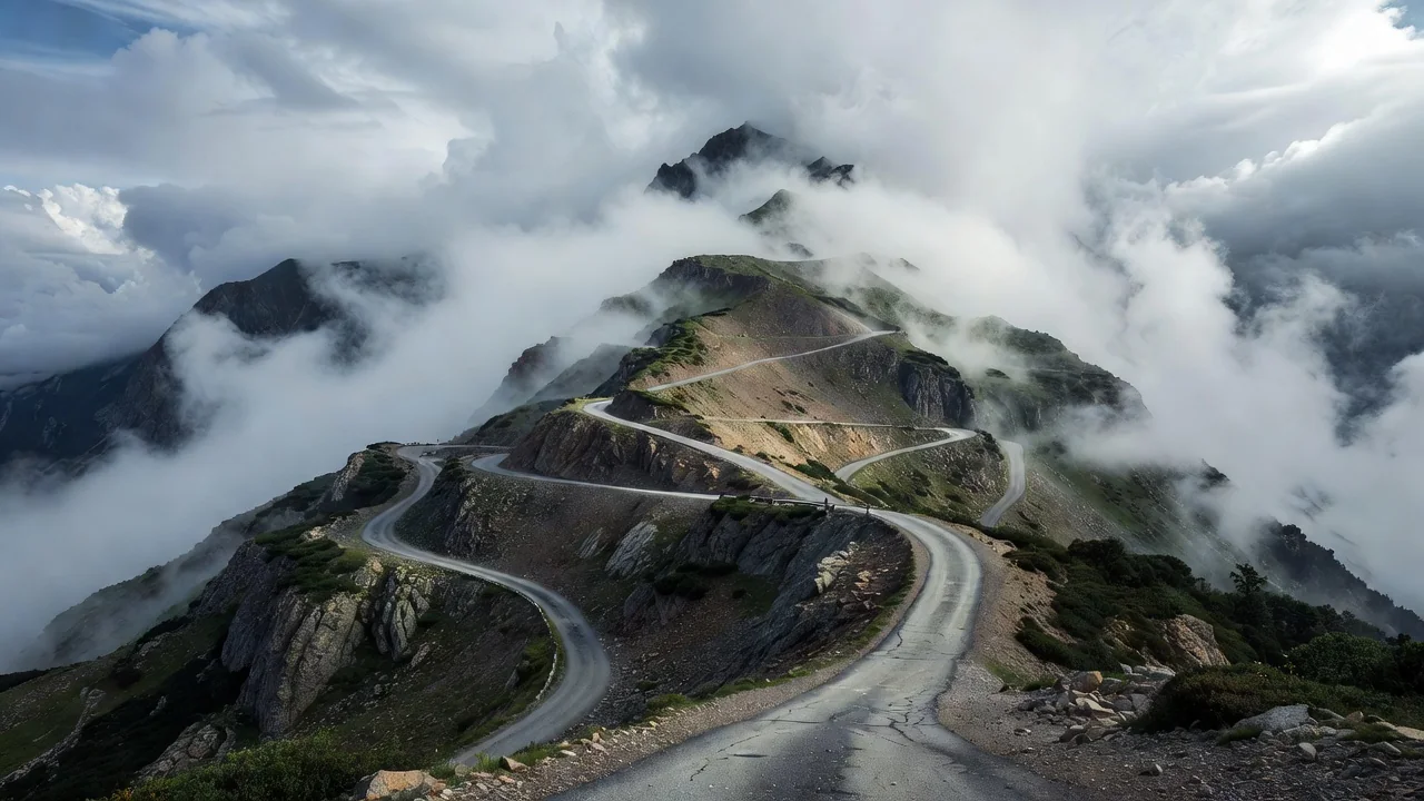 A steep mountain road with switchbacks climbing into low clouds