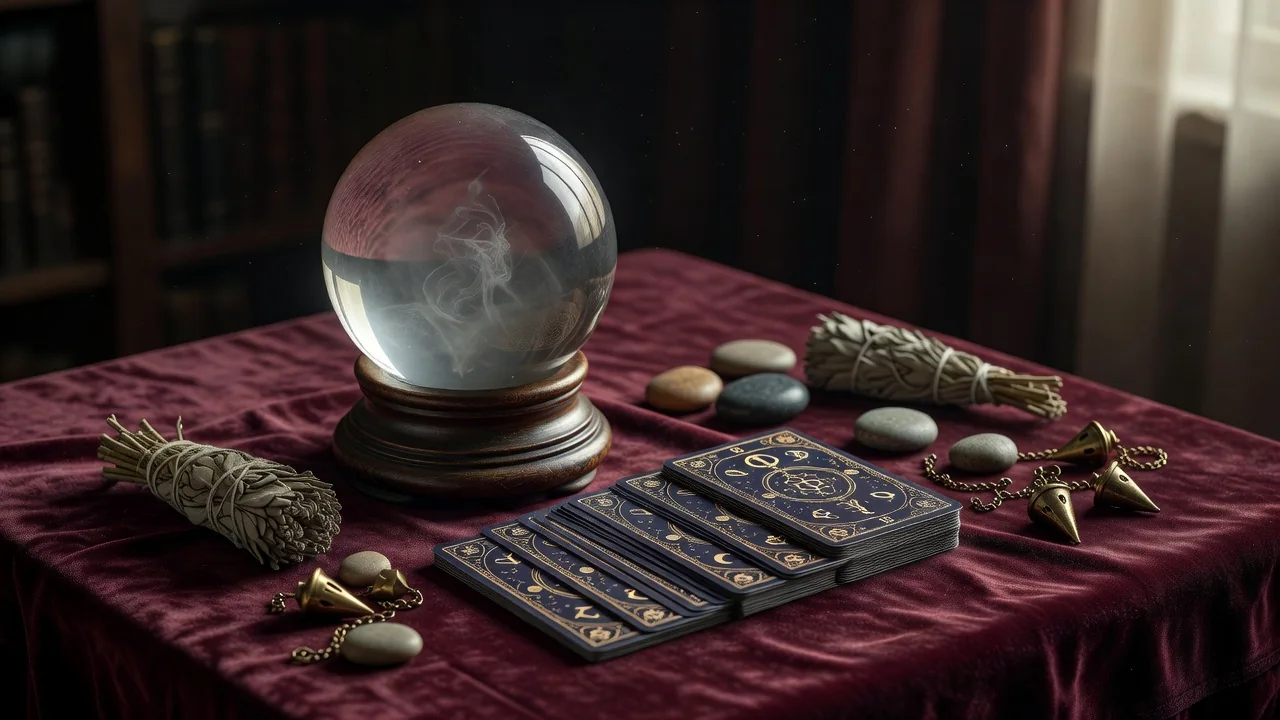A crystal ball on a fortune teller table beside a deck of face-down cards