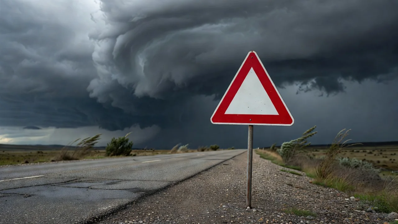 A red warning triangle sign on a roadside against a stormy sky