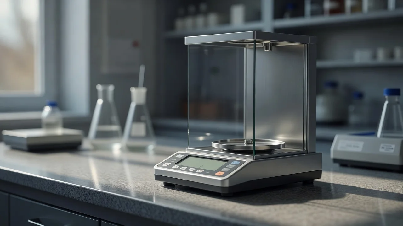 A precision balance scale on a laboratory table, softly lit