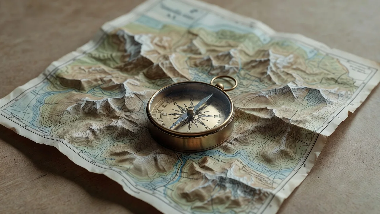 A compass lying on a folded paper map with mountain contours