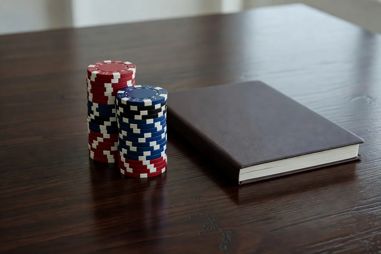A neat stack of poker chips beside a closed notebook on a dark wooden table