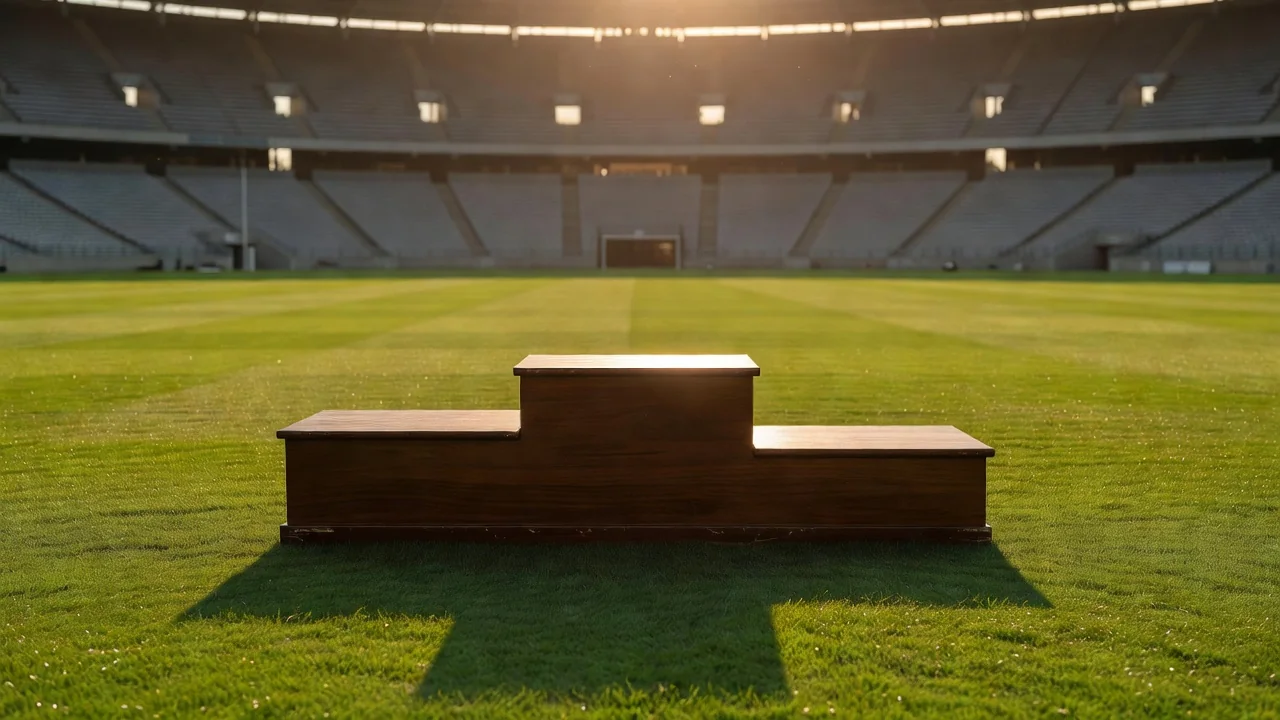 A podium with three steps on an empty stadium field at golden hour