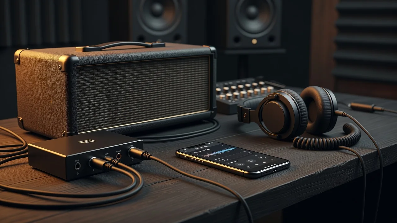 Smartphone running bass amp simulation app connected to in-ear monitors and small FRFR speaker on a wooden rehearsal room floor