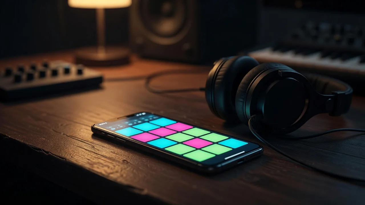 Phone screen showing a minimalist beat-making interface with drum pads, live bass recording, and arrangement timeline