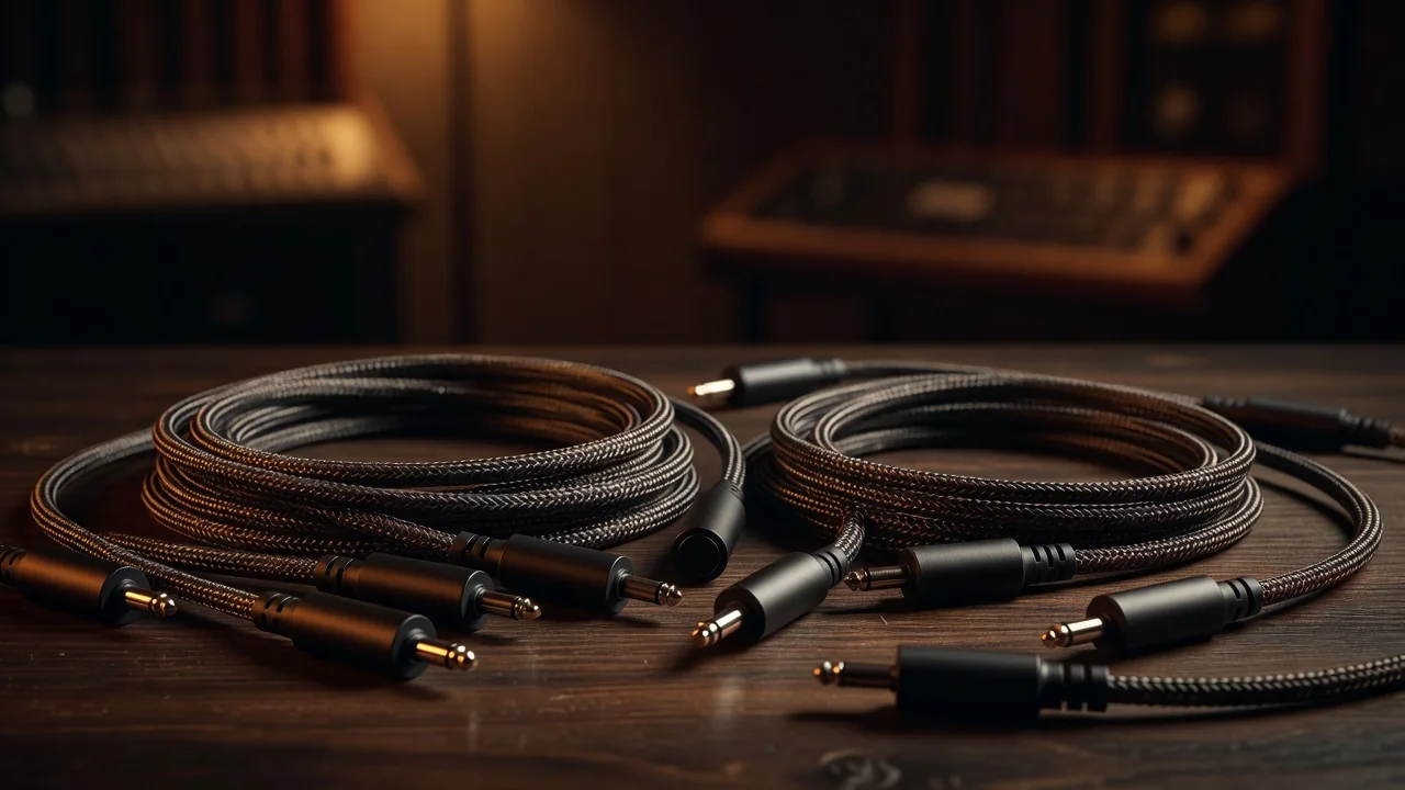 Mobile music rig cables and adapters laid out on a wooden stage floor