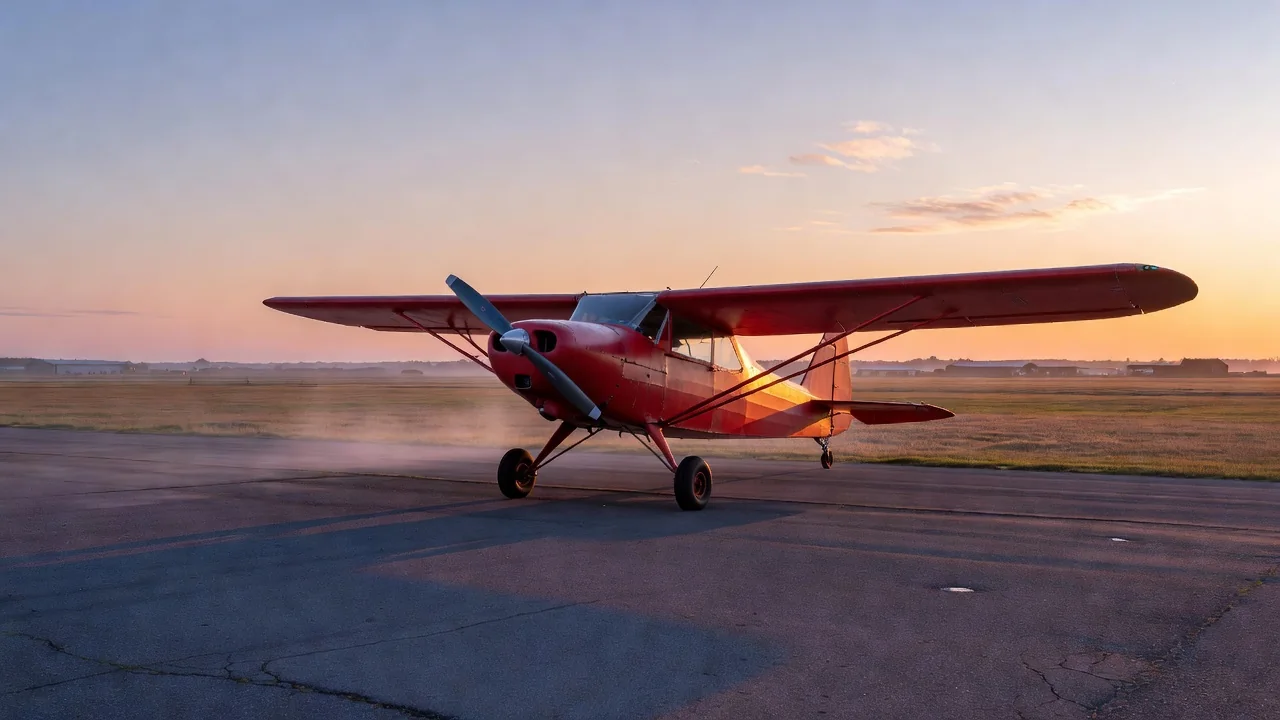 A red propeller plane parked on a small airfield at dawn