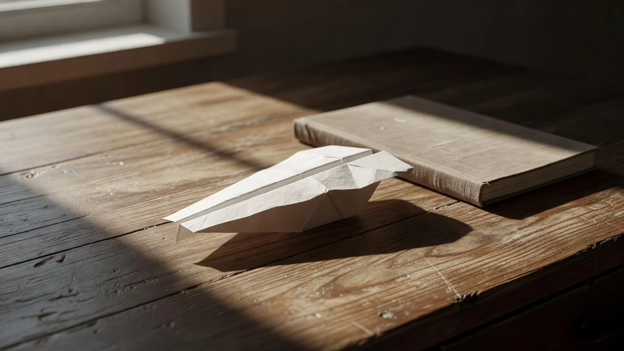 Paper plane casting a long shadow on a wooden desk beside a notebook
