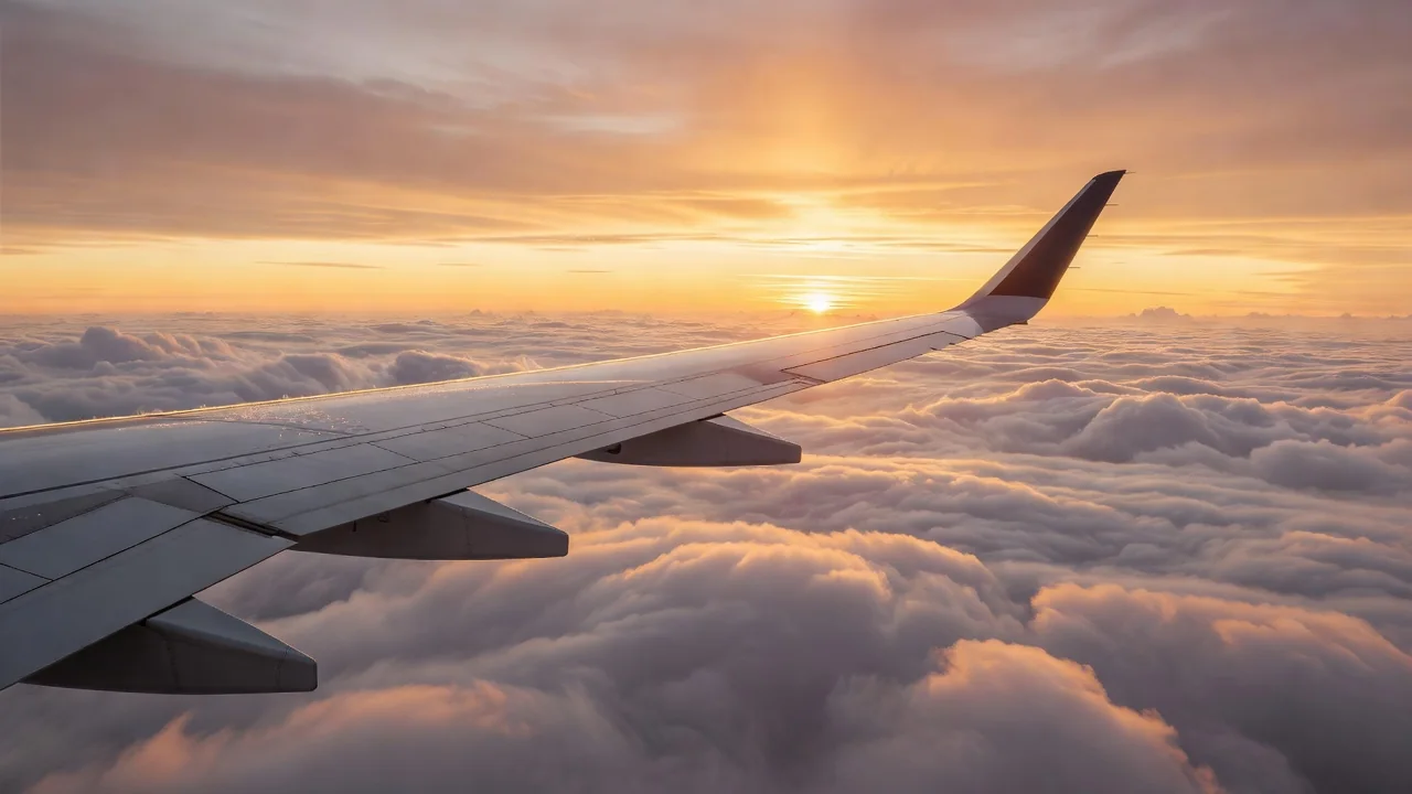 An airplane wing above a sea of clouds at golden sunrise