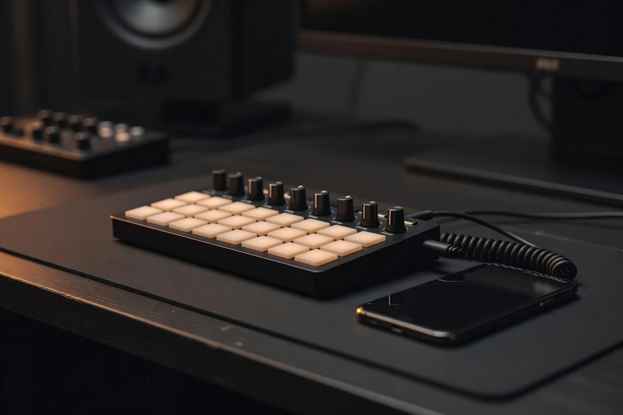 Musician connecting a compact MIDI keyboard to a tablet during a mobile performance setup