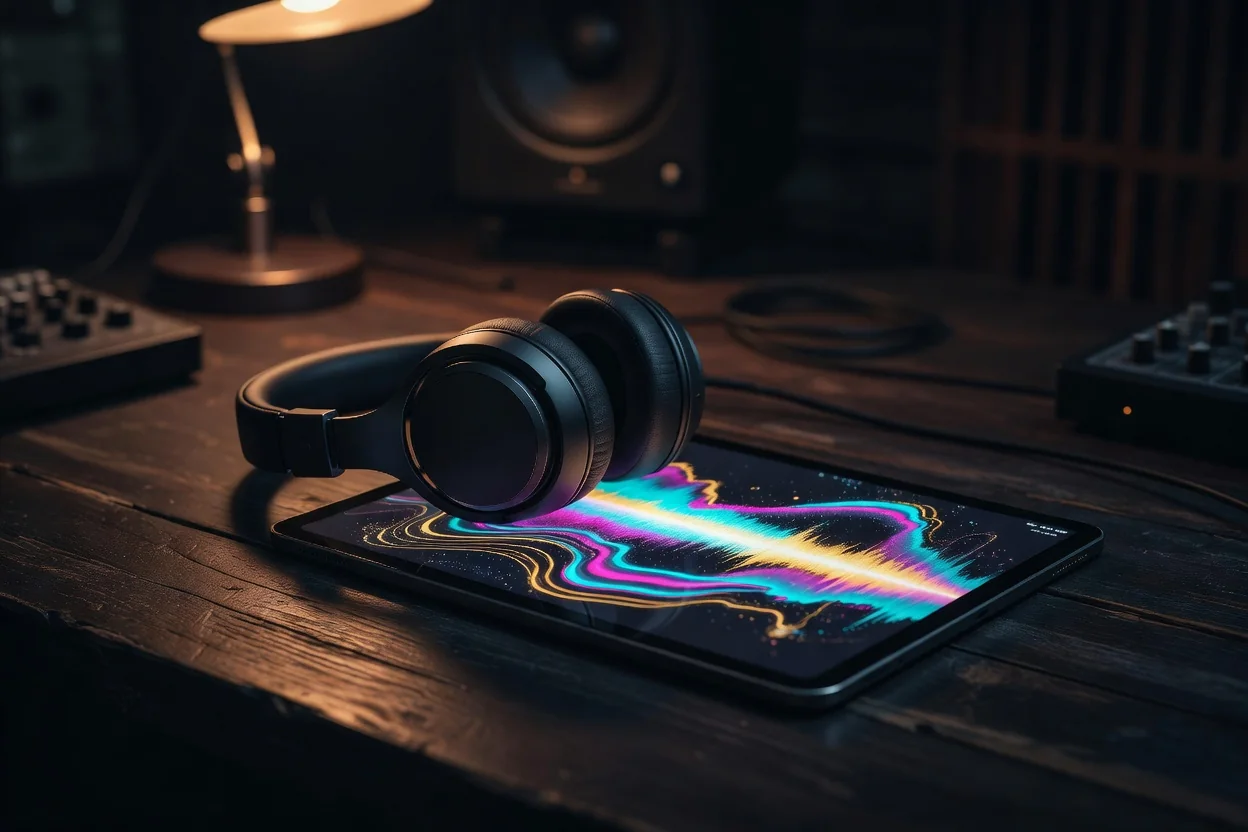 Producer adjusting headphone mix on a portable device in a sunlit café