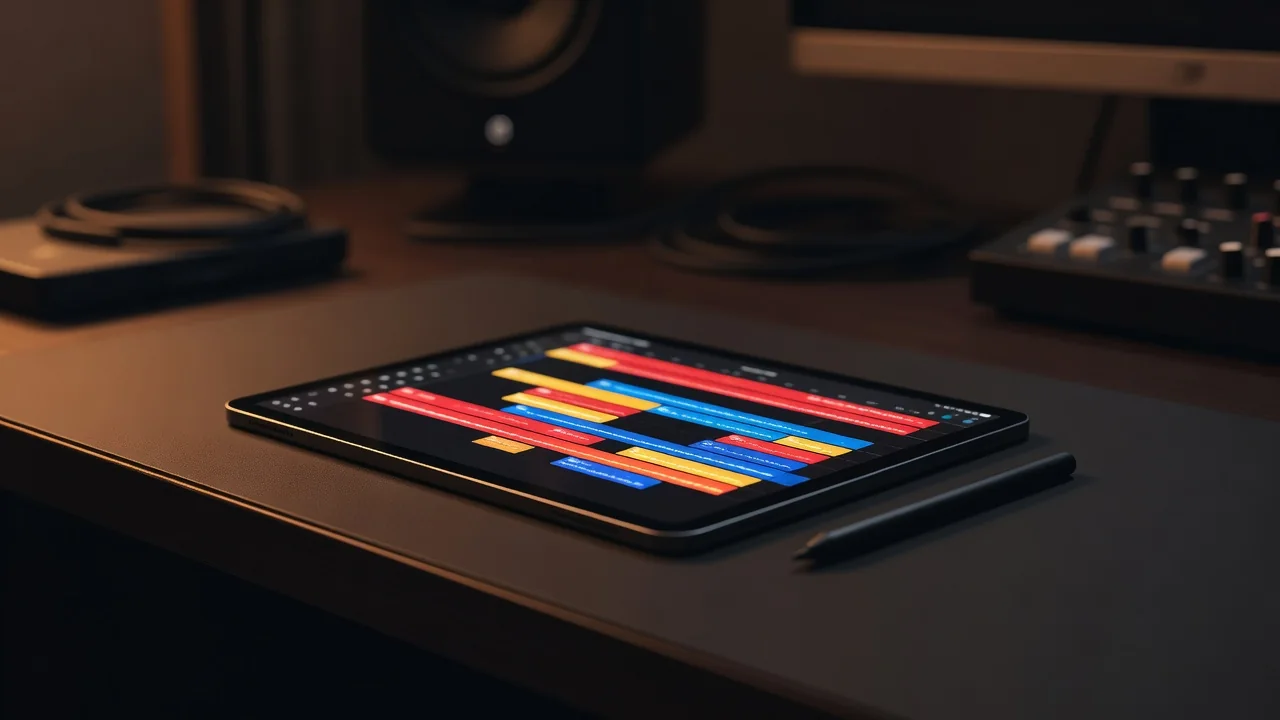 Mobile DAW screen showing arranged song sections with muted tracks and frozen clips