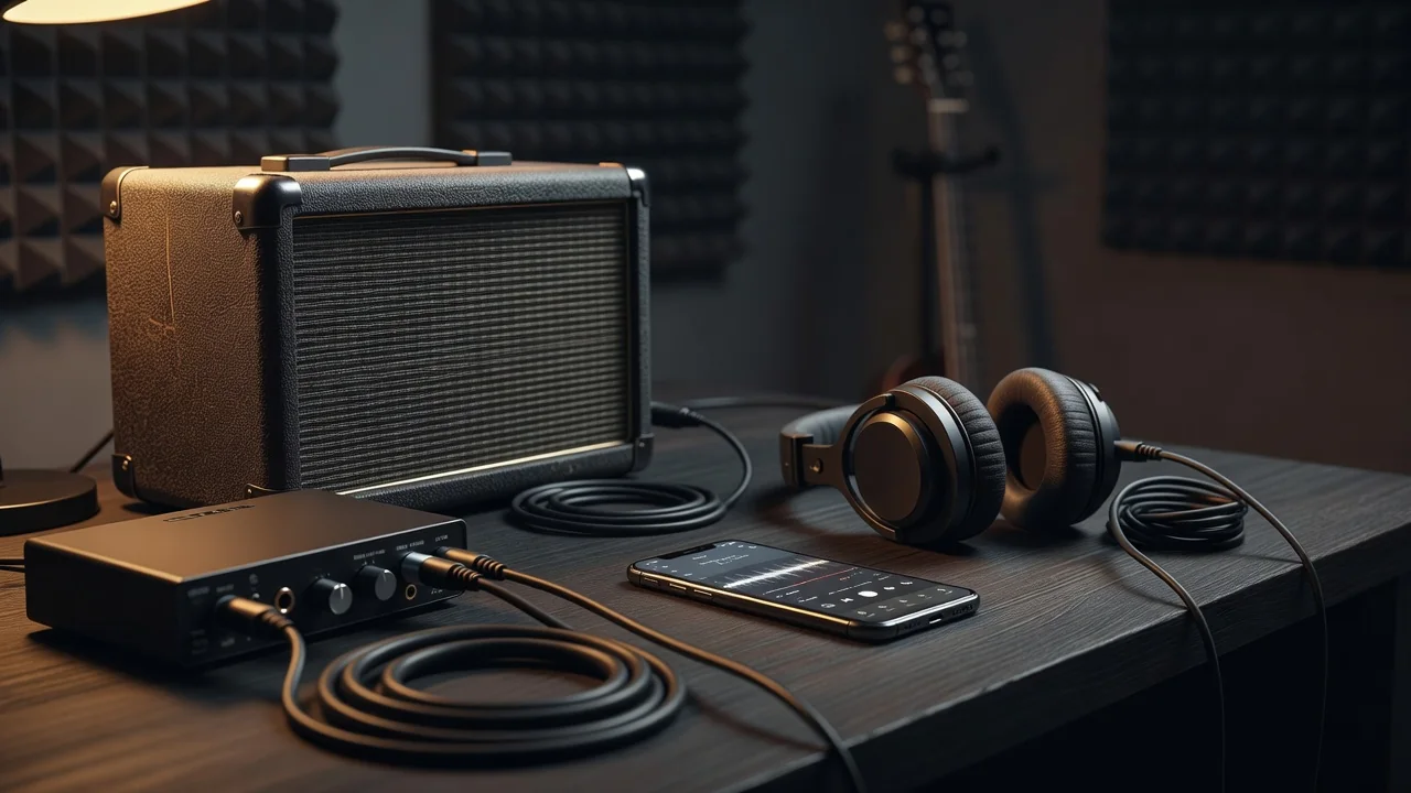 Musician checking latency on a tablet while playing guitar through wired headphones