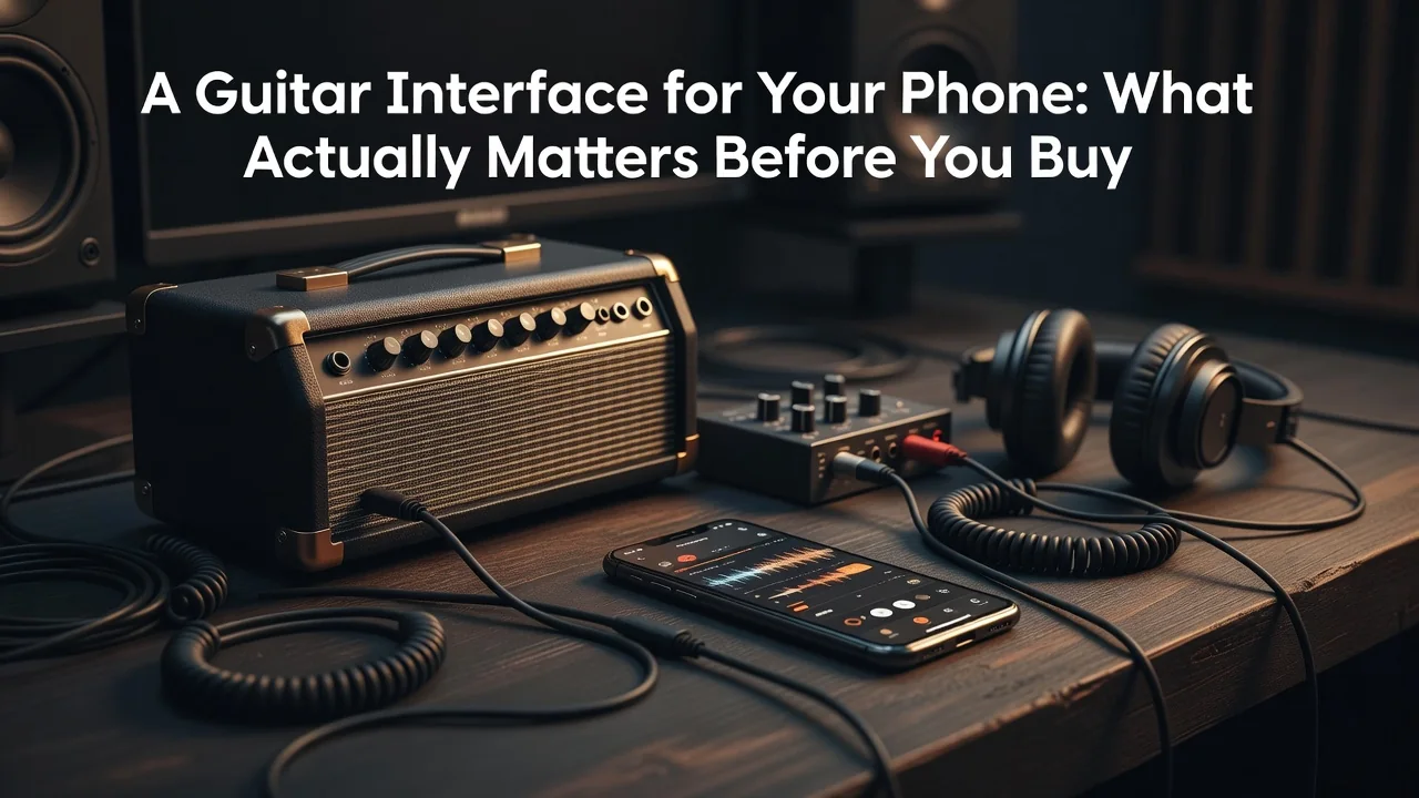 Guitar plugged into a smartphone audio interface showing zero-latency monitoring on screen