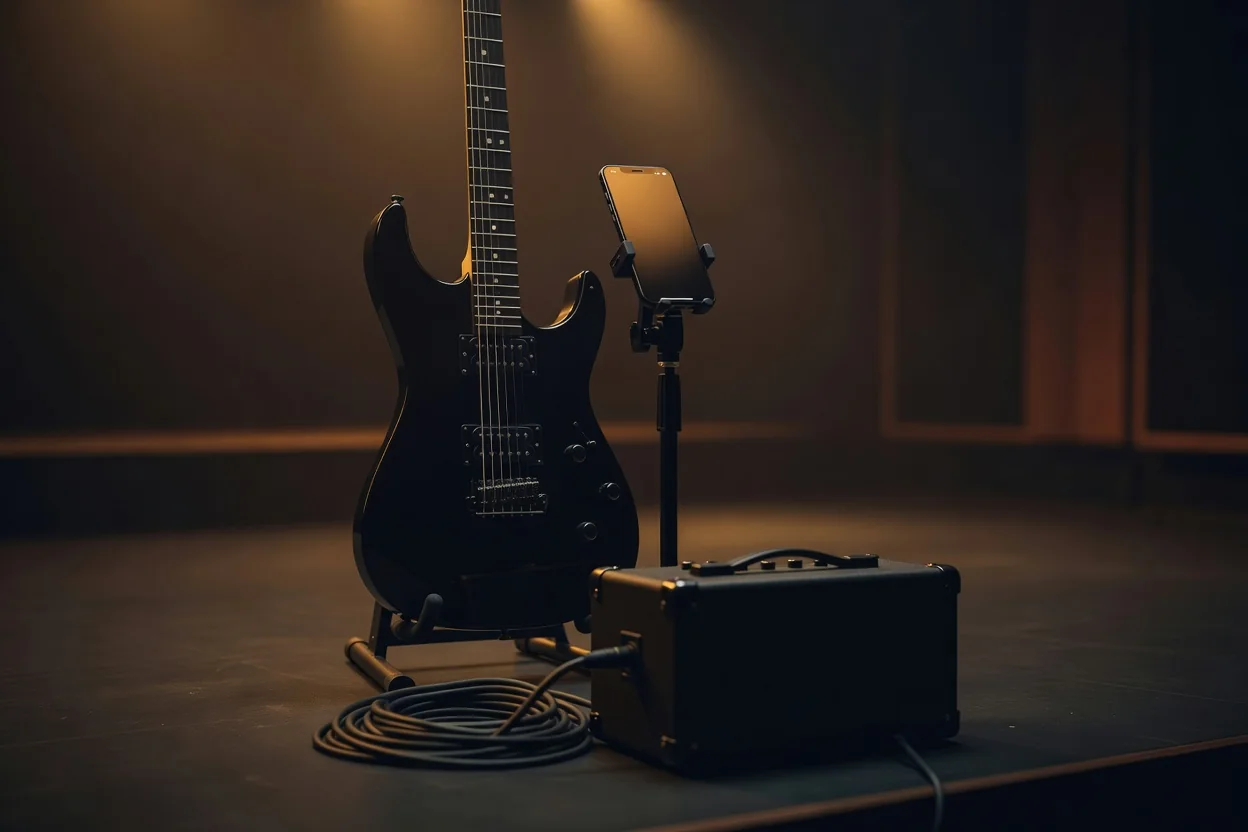 Guitarist checking phone-based rig on a small club stage