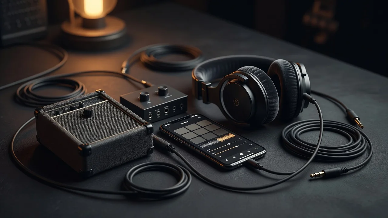 Compact mobile music rig with audio interface, phone, headphones and cables laid out on a wooden bench