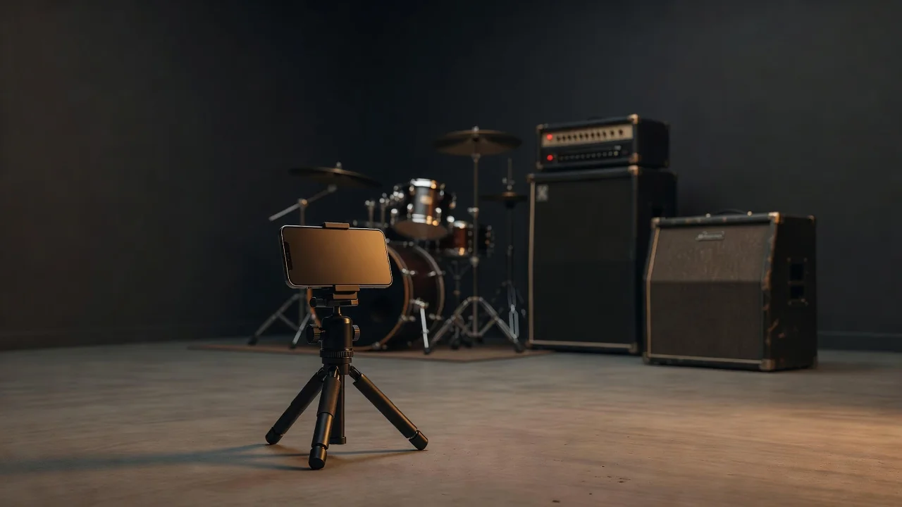 Band rehearsing in a small practice room with a smartphone on a tripod in the far corner capturing the session