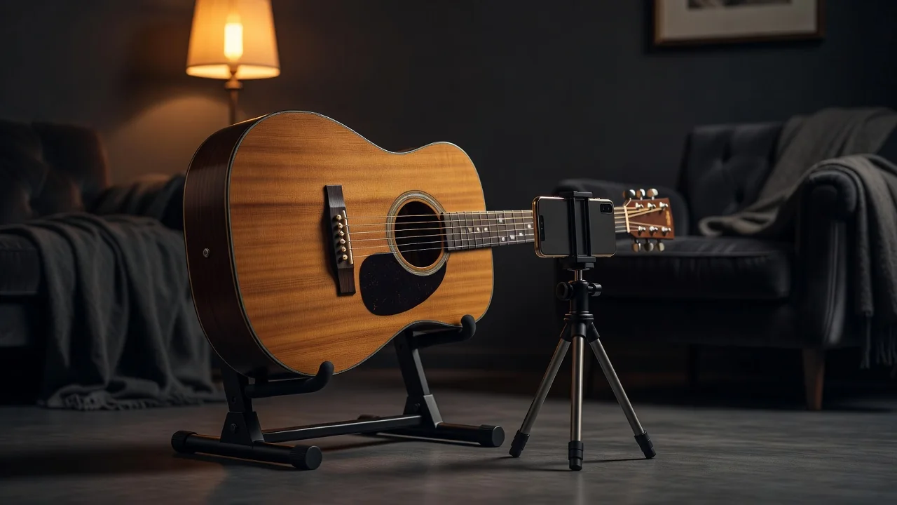 Smartphone recording an acoustic guitar in a sunlit living room