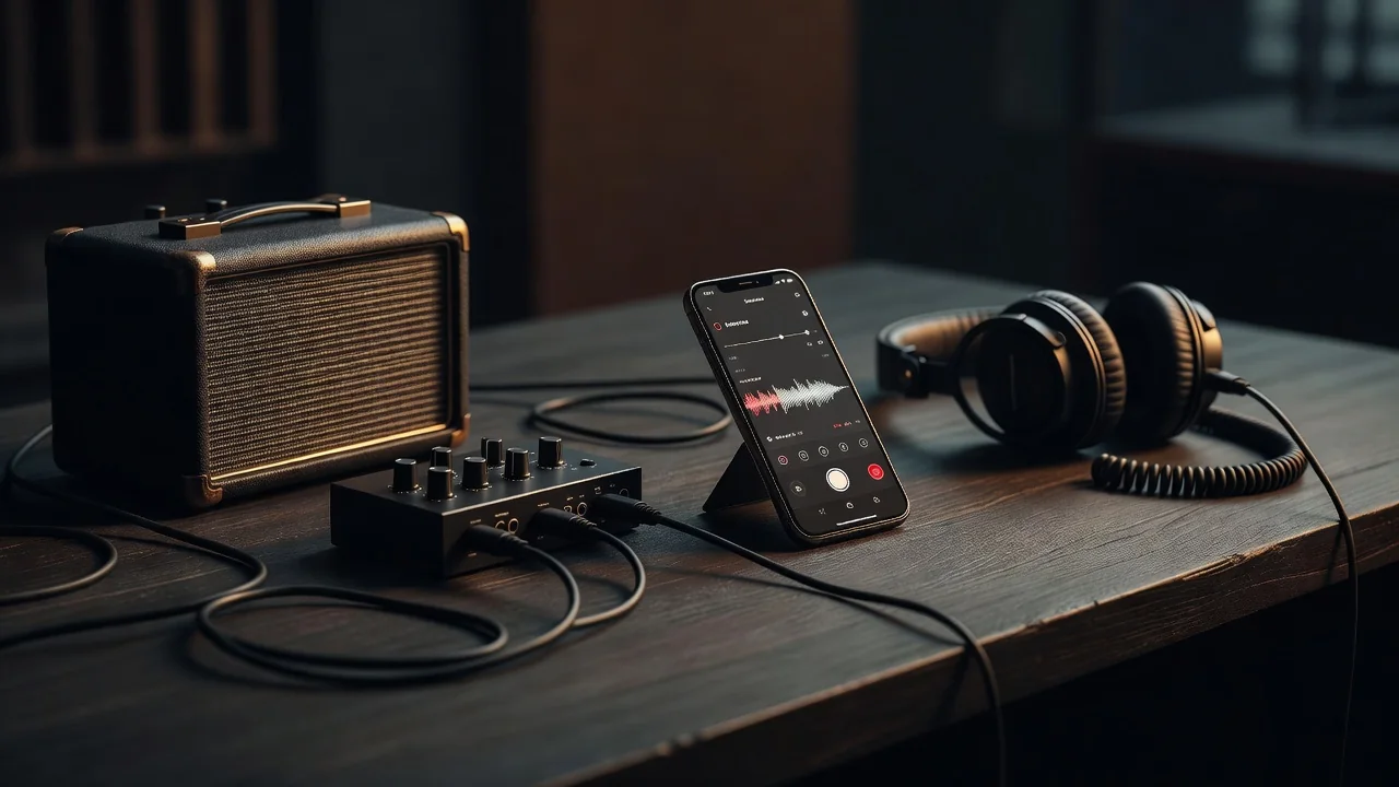 Singer recording vocals on a smartphone inside a clothes-filled closet