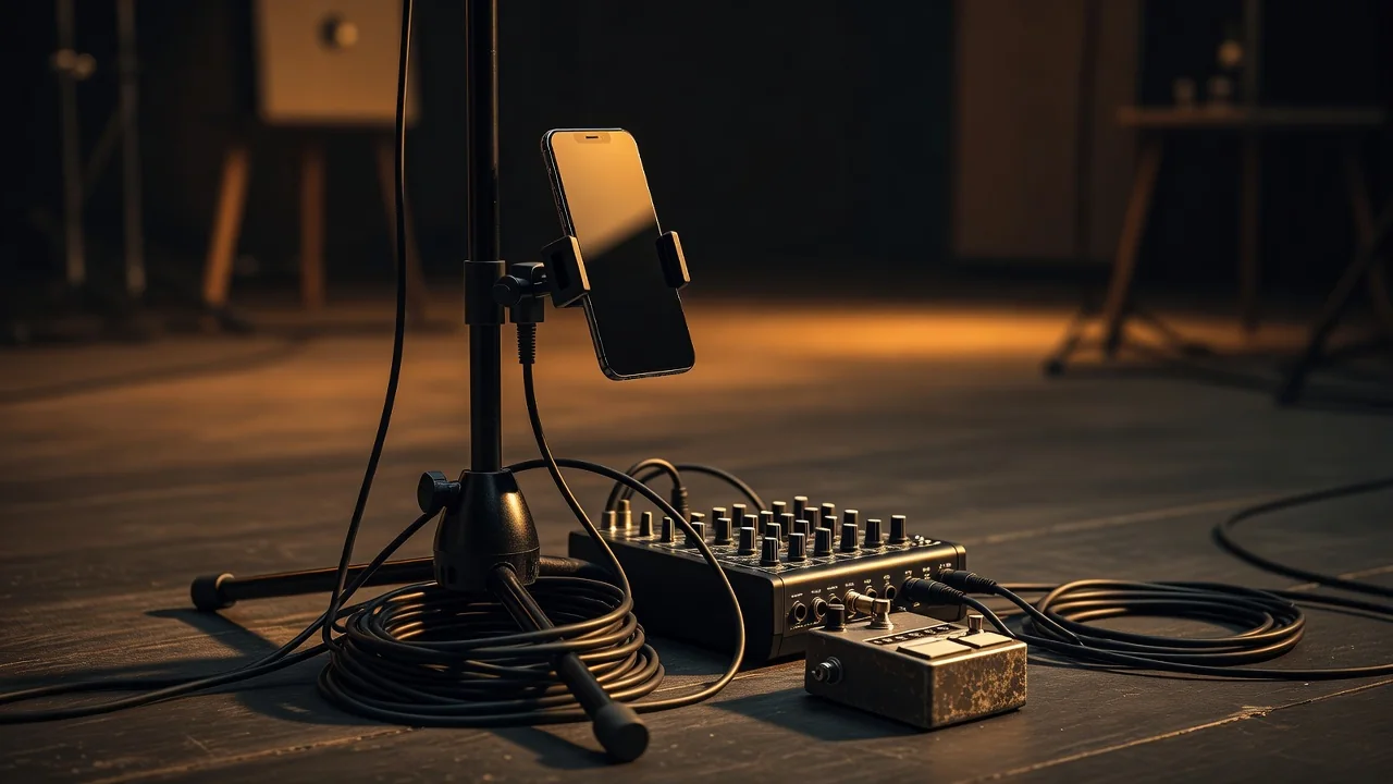 Musician checking backing track levels from phone on a dimly lit club stage