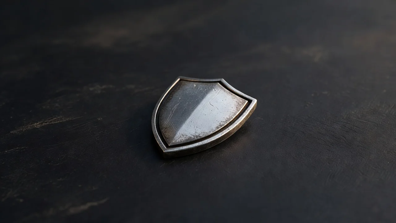 A metal shield badge lying on a dark surface with soft rim lighting