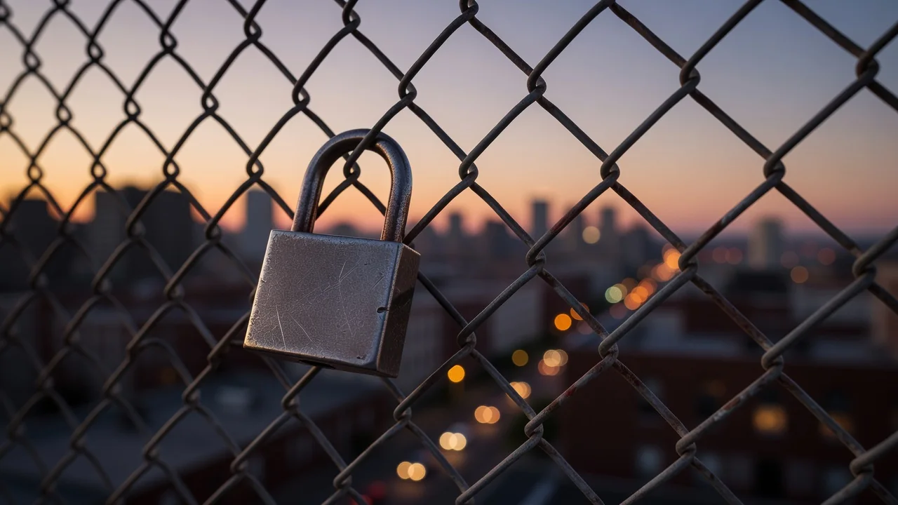 A padlock hanging on a chain-link fence against a blurred city evening