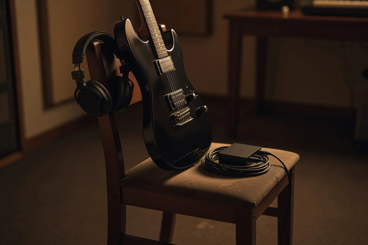 Guitarist practicing silently at night with closed-back headphones, laptop rig, and illuminated pedalboard