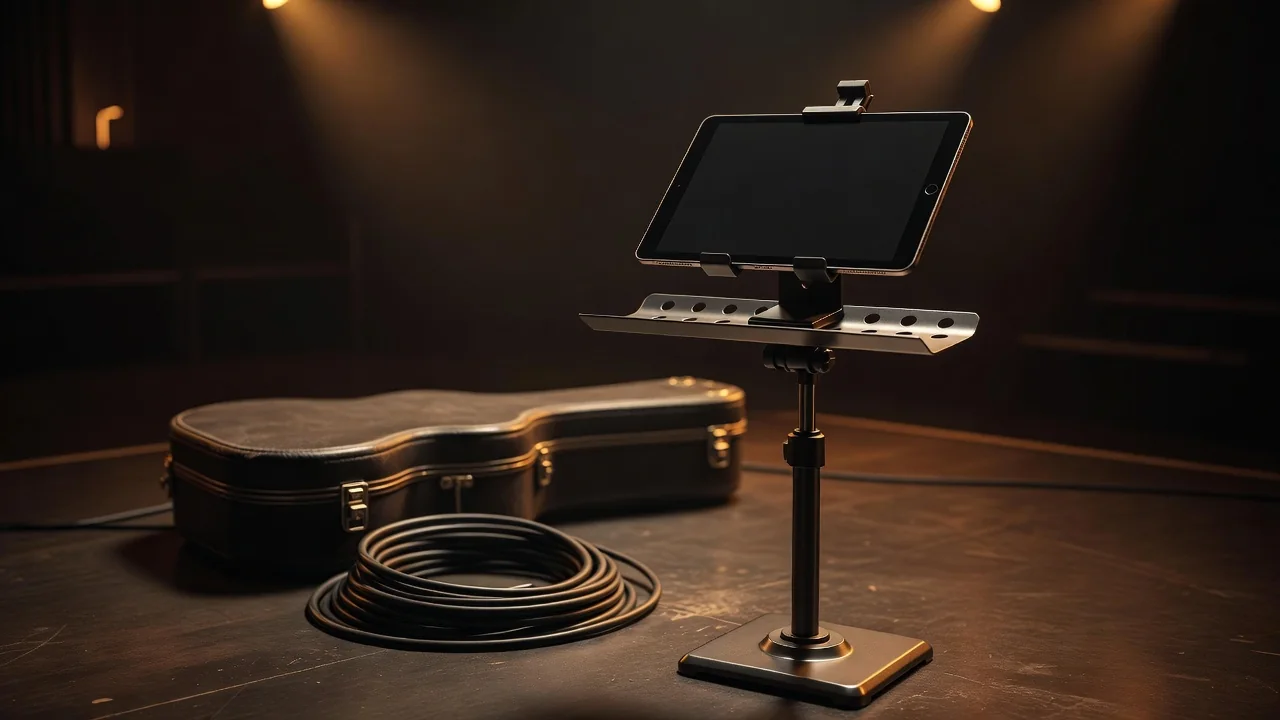 Musician checking setlist and chord charts on a tablet under stage lights