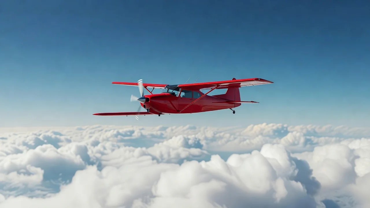 A small red propeller plane flying above a layer of white clouds in clear daylight