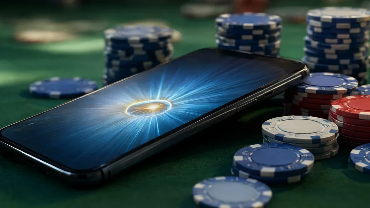 Phone showing a bonus screen next to chips on a green casino table